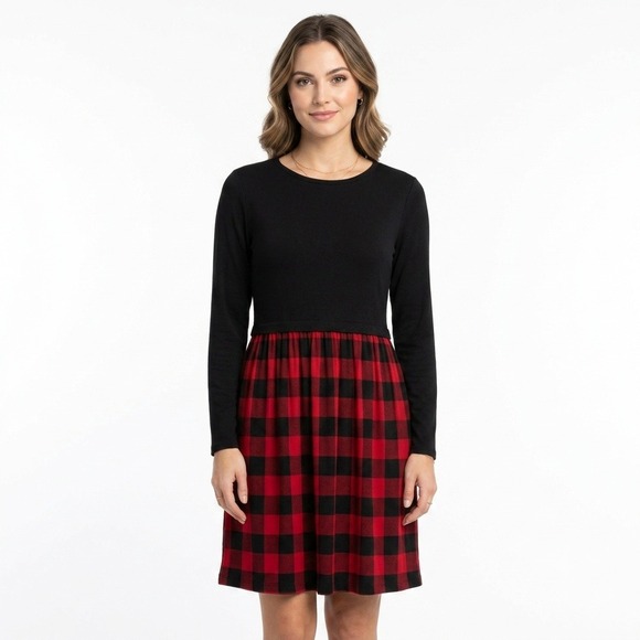 J. Jill Dresses & Skirts - J. Jill Plaid Skirt Dress Women Small Black Red Buffalo Check Pocket Mixed Media